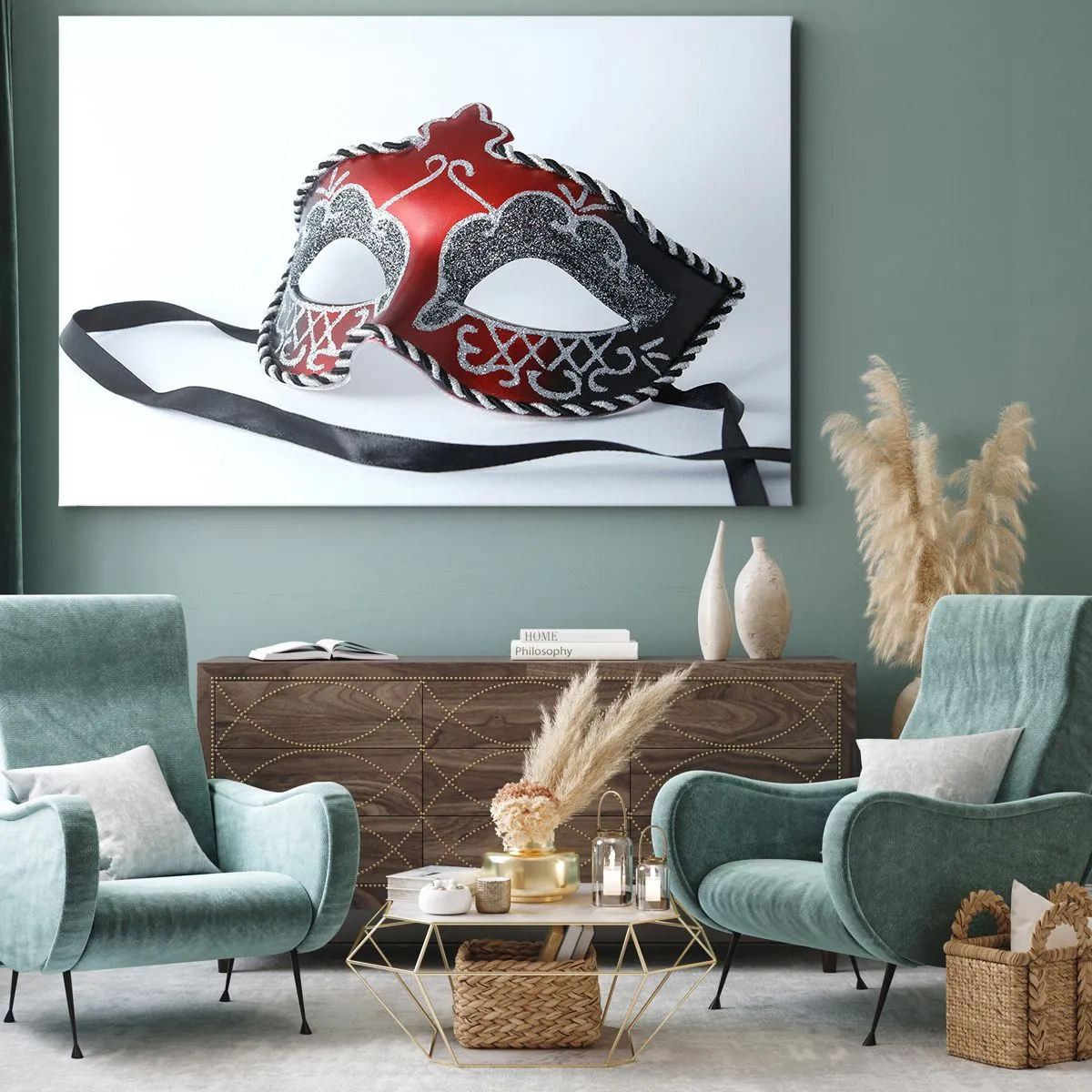 Quadro em tela - Máscara de carnaval vermelha em um fundo claro - 70x50cm - Convite para o baile - Decoração de parede moderna para a sala de estar e quarto ARTTOR