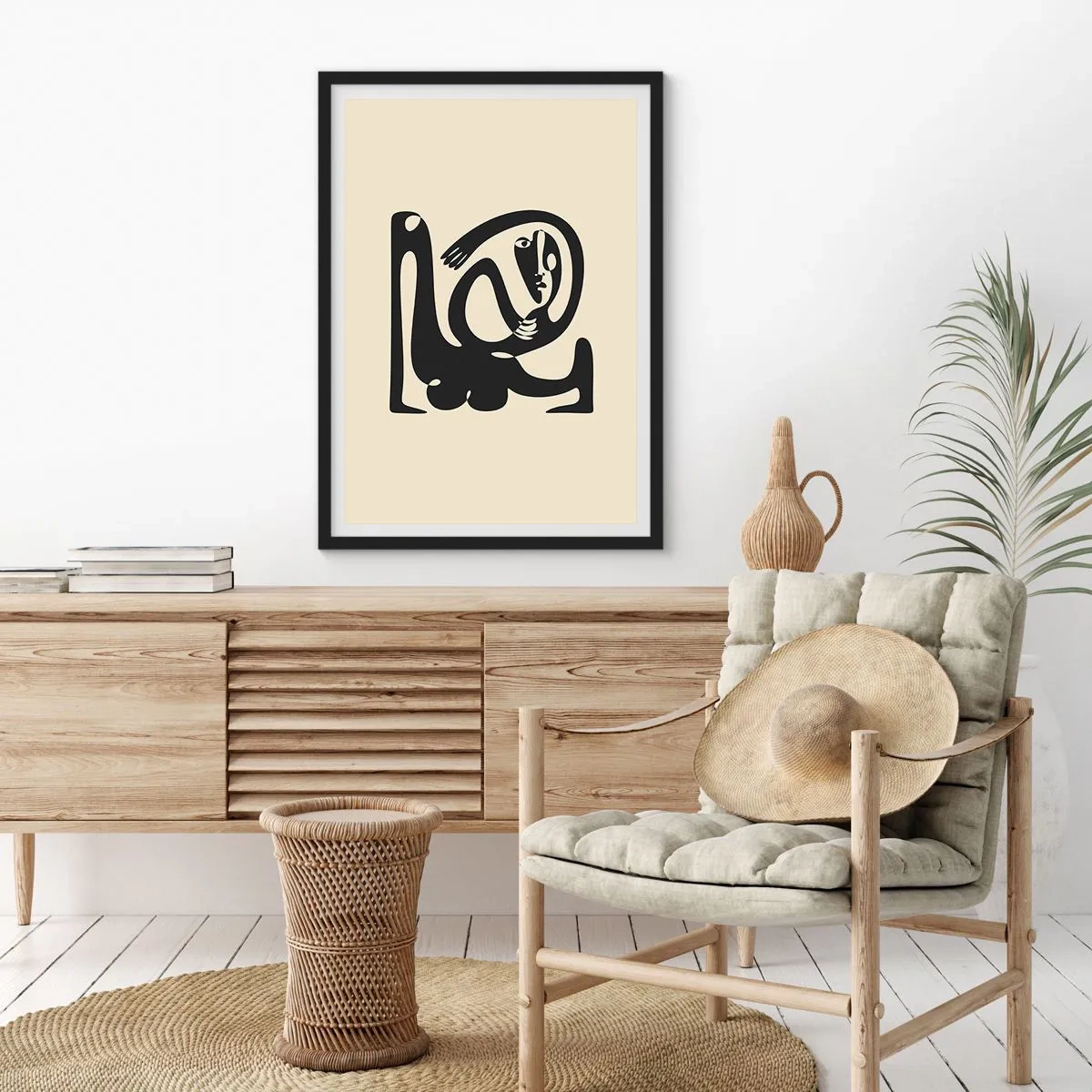 Pôster com moldura preta - Figura abstrata em fundo bege com linhas pretas - 50x70cm - Quase Picasso - Decoração de parede moderna para a sala de estar e quarto ARTTOR
