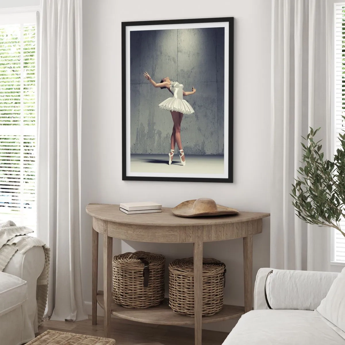 Pôster com moldura preta - Uma bailarina de vestido branco contra o fundo de uma parede de concreto aparente. - 50x70cm - Leve como um pássaro - Decoração de parede moderna para a sala de estar e quarto ARTTOR
