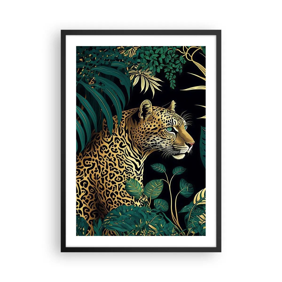 Pôster com moldura preta - Leopardo dourado na selva tropical - 50x70cm - Um anfitrião na selva - Decoração de parede moderna para a sala de estar e quarto ARTTOR
