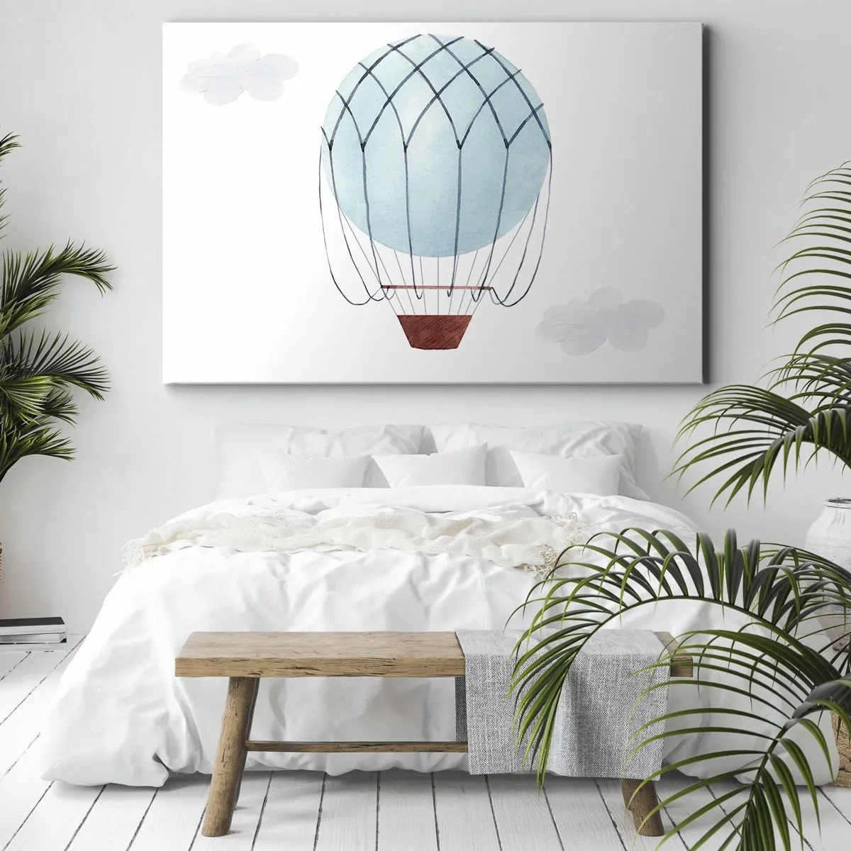 Quadro em tela - Um balão pintado à mão em um cenário de nuvens delicadas. - 70x50cm - Tudo nas nuvens - Decoração de parede moderna para a sala de estar e quarto ARTTOR