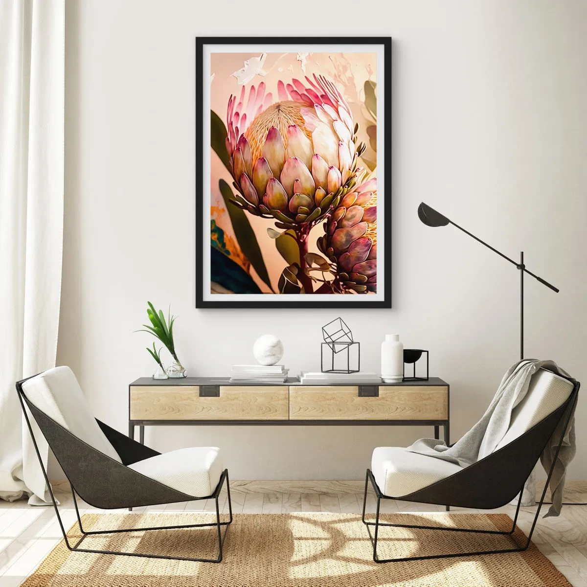 Pôster com moldura preta - Close-up de uma flor de protea em cores quentes - 50x70cm - Abraçado com ternura - Decoração de parede moderna para a sala de estar e quarto ARTTOR