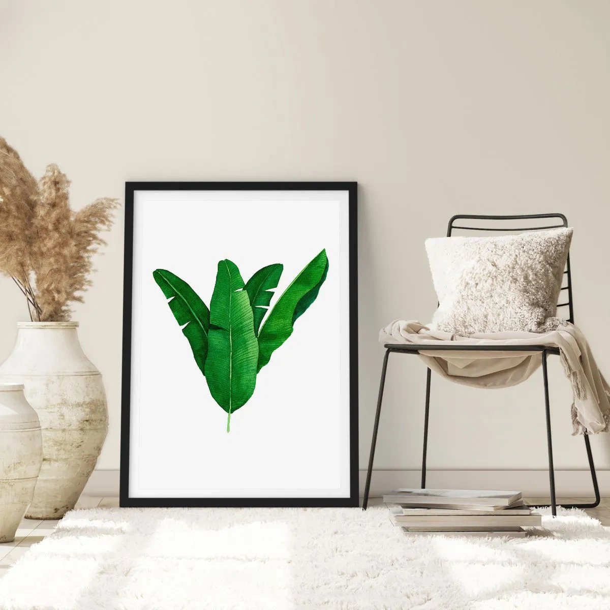 Pôster com moldura preta - Ilustração em aquarela de folhas de bananeira dispostas simetricamente sobre um fundo branco. - 50x70cm - Simetria verde - Decoração de parede moderna para a sala de estar e quarto ARTTOR