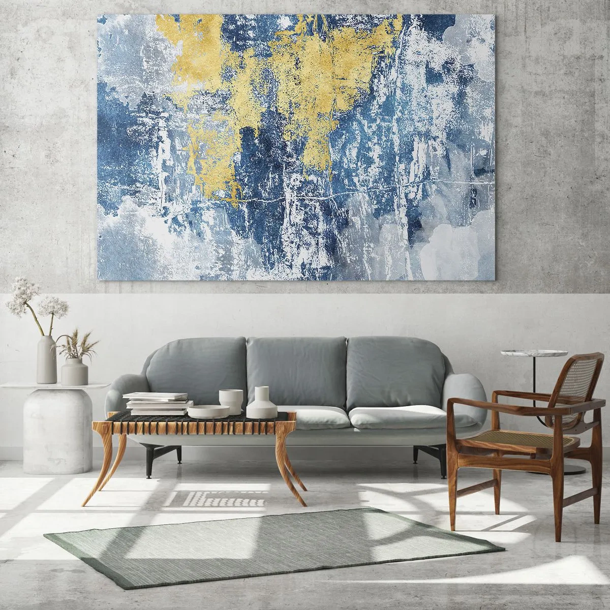 Quadro em vidro - Abstração azul e amarela com efeito desgastado e texturizado - 70x50cm - Abstração cheia de clima - Decoração de parede moderna para a sala de estar e quarto ARTTOR