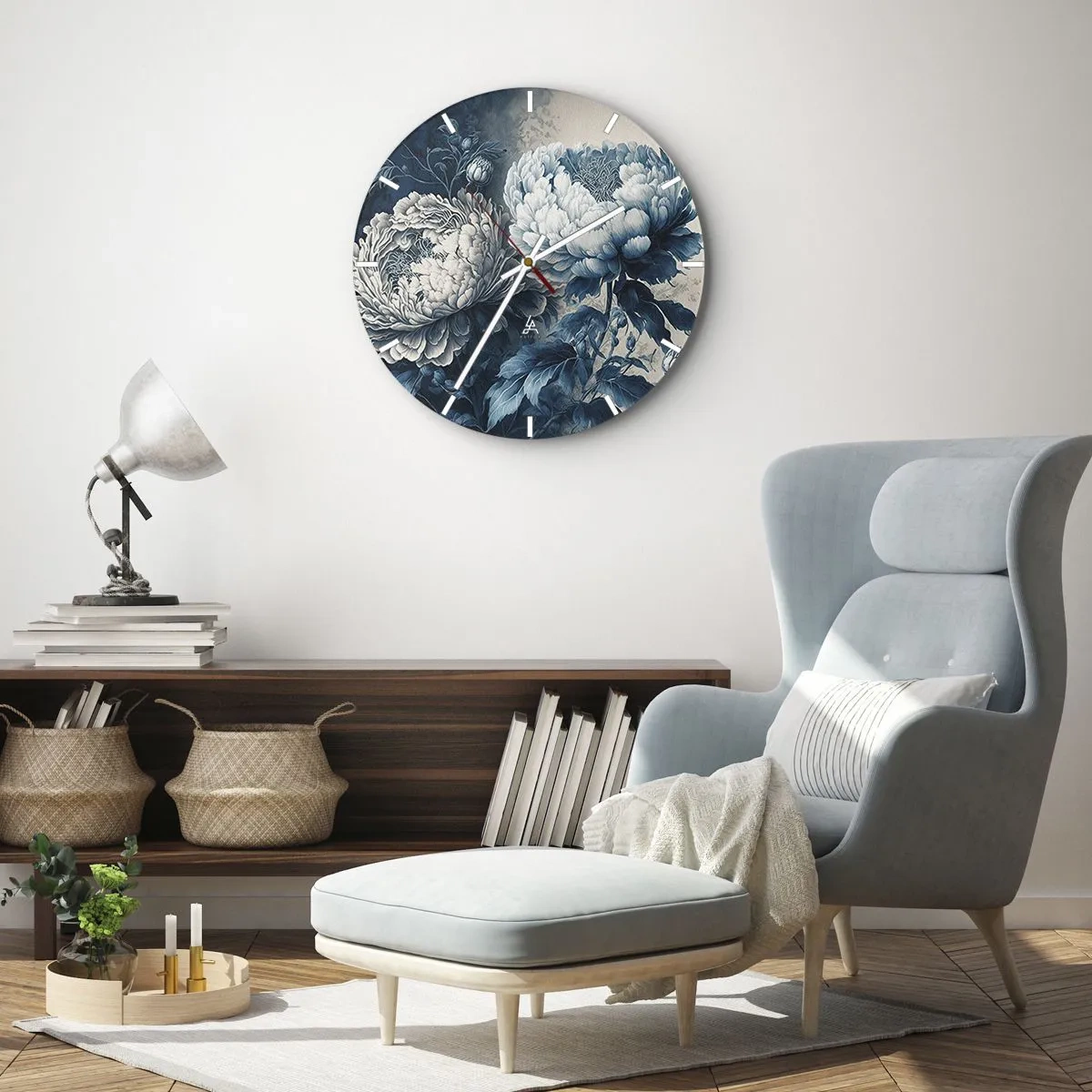 Relógio de parede - Relógio em vidro - Ilustração de duas peônias em tons de azul e branco - 30x30cm - Casal que combina - Decoração de parede moderna para a sala de estar, cozinha e quarto ARTTOR