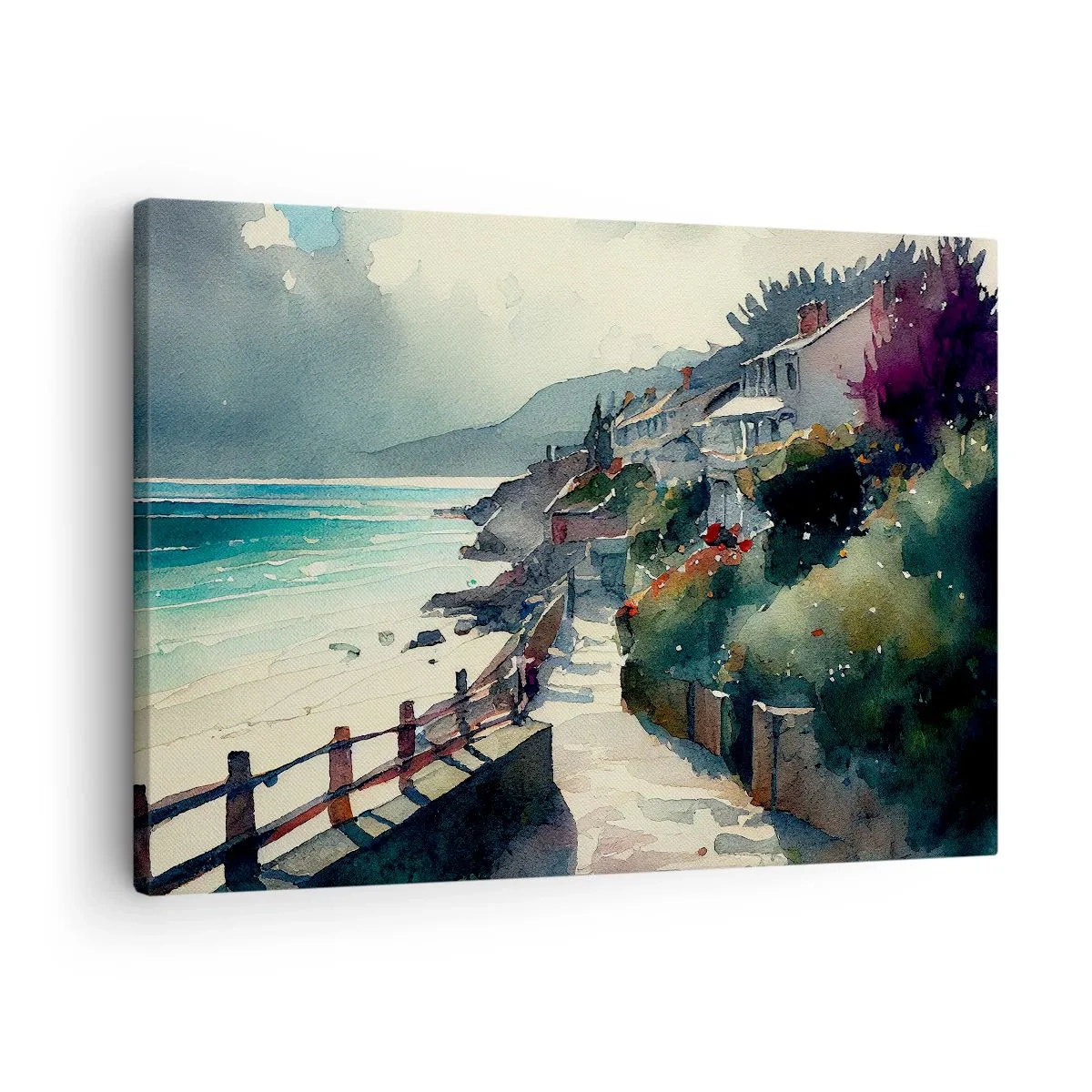 Quadro em tela - Passeio marítimo com casas e vegetação - 70x50cm - Cidade mediterrânea - Decoração de parede moderna para a sala de estar e quarto ARTTOR