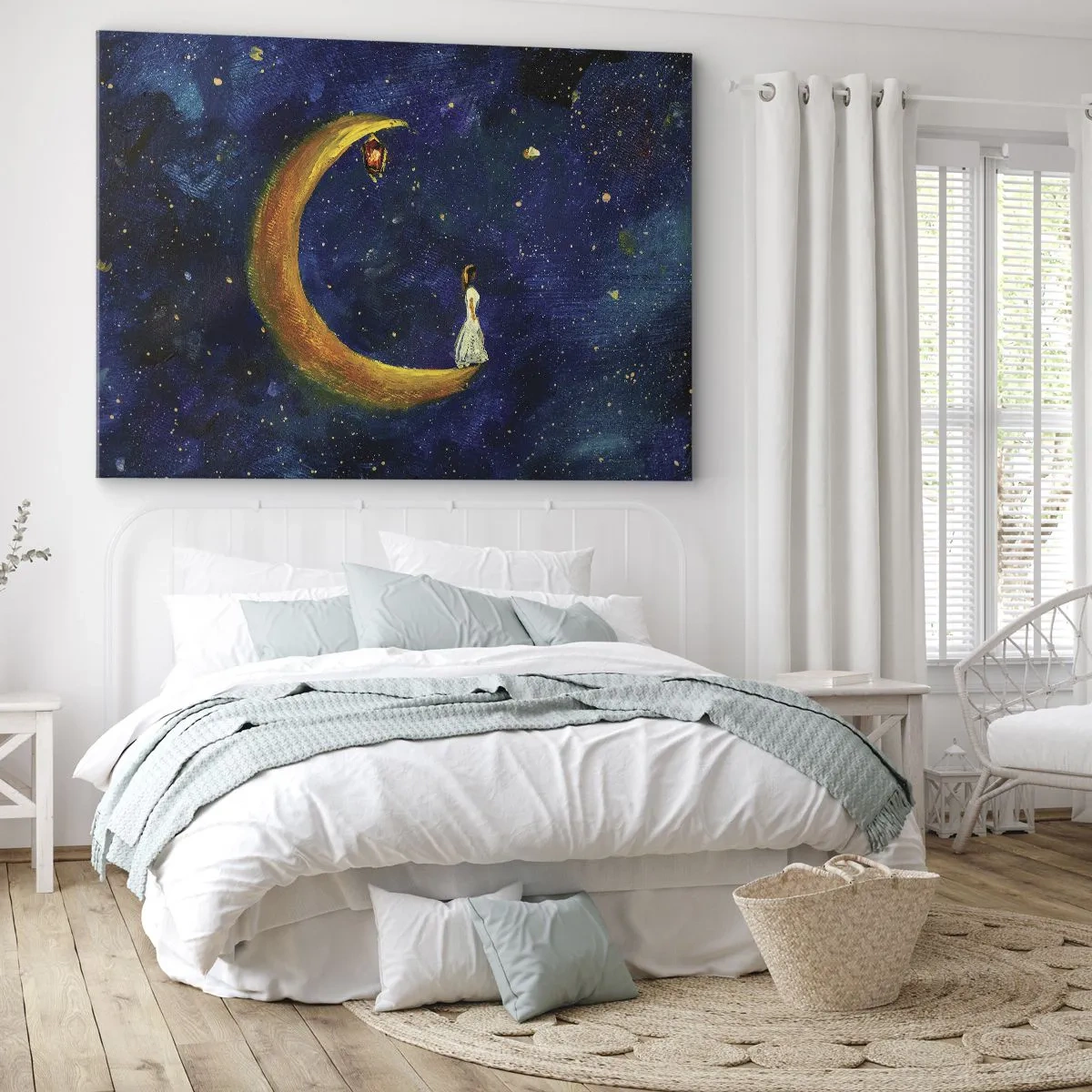 Quadro em tela - Uma garota parada na lua em um céu estrelado - 70x50cm - O Chamado do Mundo - Decoração de parede moderna para a sala de estar e quarto ARTTOR