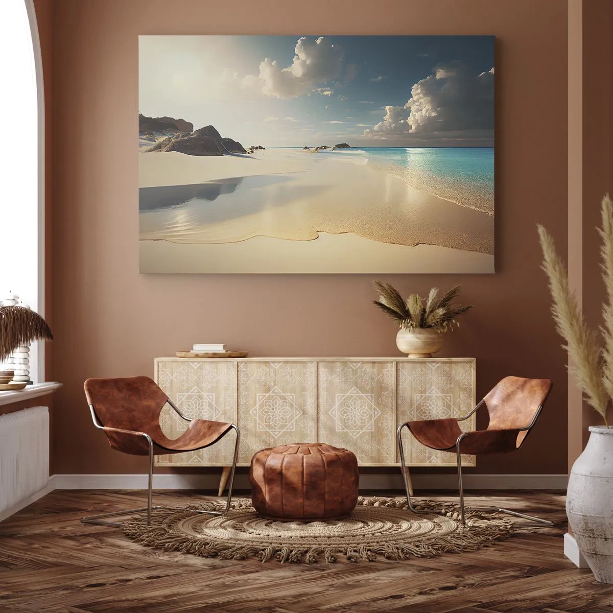 Quadro em tela - Uma praia ensolarada com mar azul e rochas - 70x50cm - Um dia de sonho - Decoração de parede moderna para a sala de estar e quarto ARTTOR