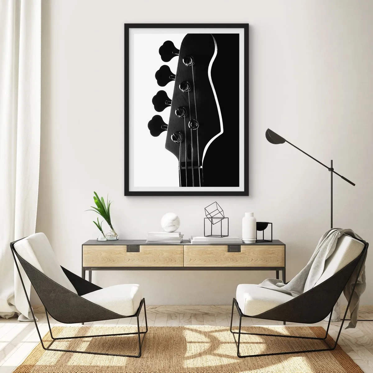Pôster com moldura preta - Um tema musical minimalista em preto e branco com uma guitarra elétrica. - 50x70cm - Silêncio rochoso - Decoração de parede moderna para a sala de estar e quarto ARTTOR