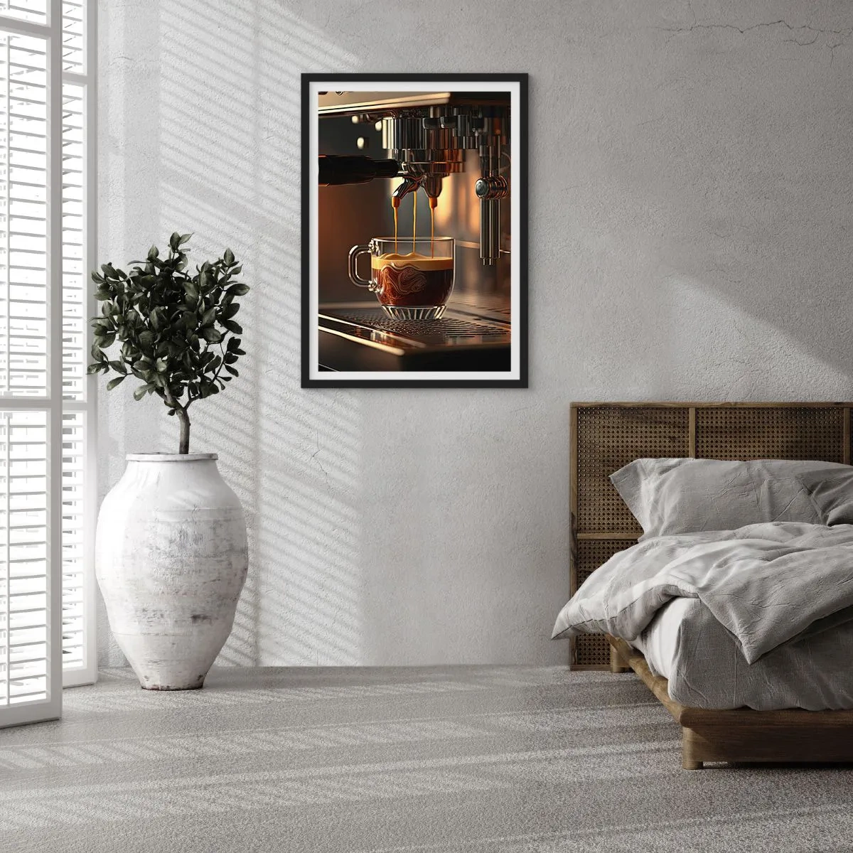 Pôster com moldura preta - Uma máquina de café despejando expresso em uma xícara - 50x70cm - Uma mistura sensual - Decoração de parede moderna para a sala de estar e quarto ARTTOR