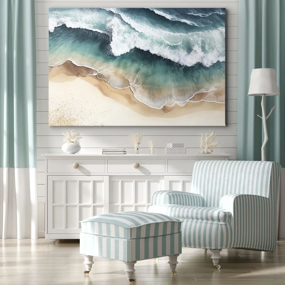 Quadro em tela - Vista da praia e das ondas do mar em tons de turquesa - 70x50cm - O eterno encontro - Decoração de parede moderna para a sala de estar e quarto ARTTOR