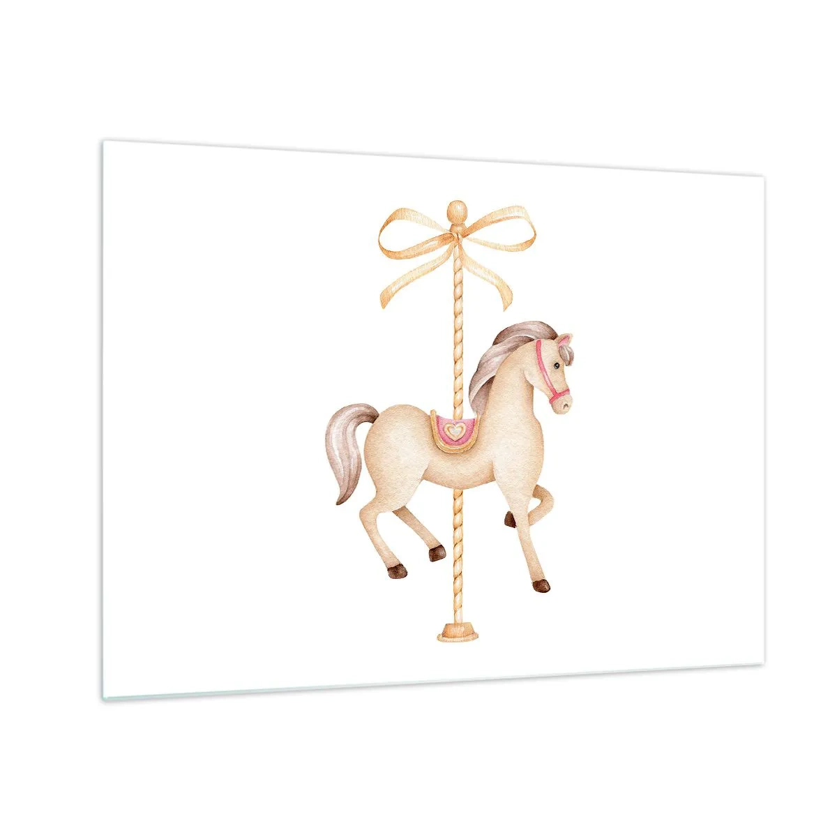 Quadro em vidro - Cavalo de carrossel bege com um laço em um fundo branco - 70x50cm - Um trote gracioso - Decoração de parede moderna para a sala de estar e quarto ARTTOR
