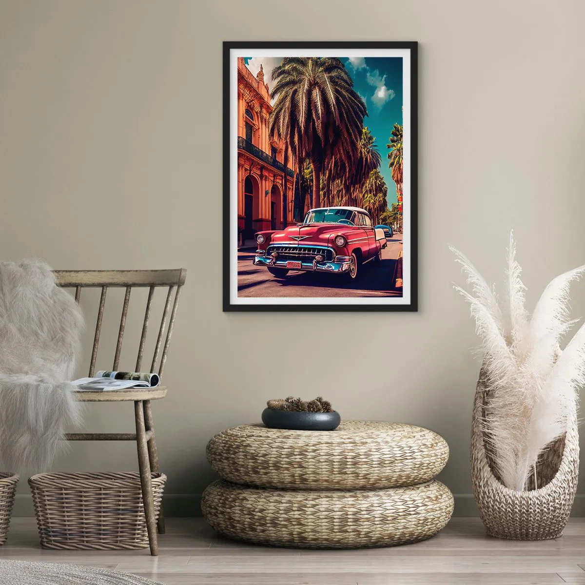 Pôster com moldura preta - Um carro clássico com o cenário de uma cidade tropical - 50x70cm - Ainda em Havana - Decoração de parede moderna para a sala de estar e quarto ARTTOR