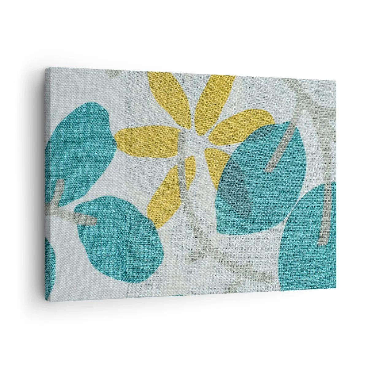 Quadro em tela - Folhas em tons de turquesa e amarelo sobre fundo claro - 70x50cm - Entre as folhas azuis - Decoração de parede moderna para a sala de estar e quarto ARTTOR