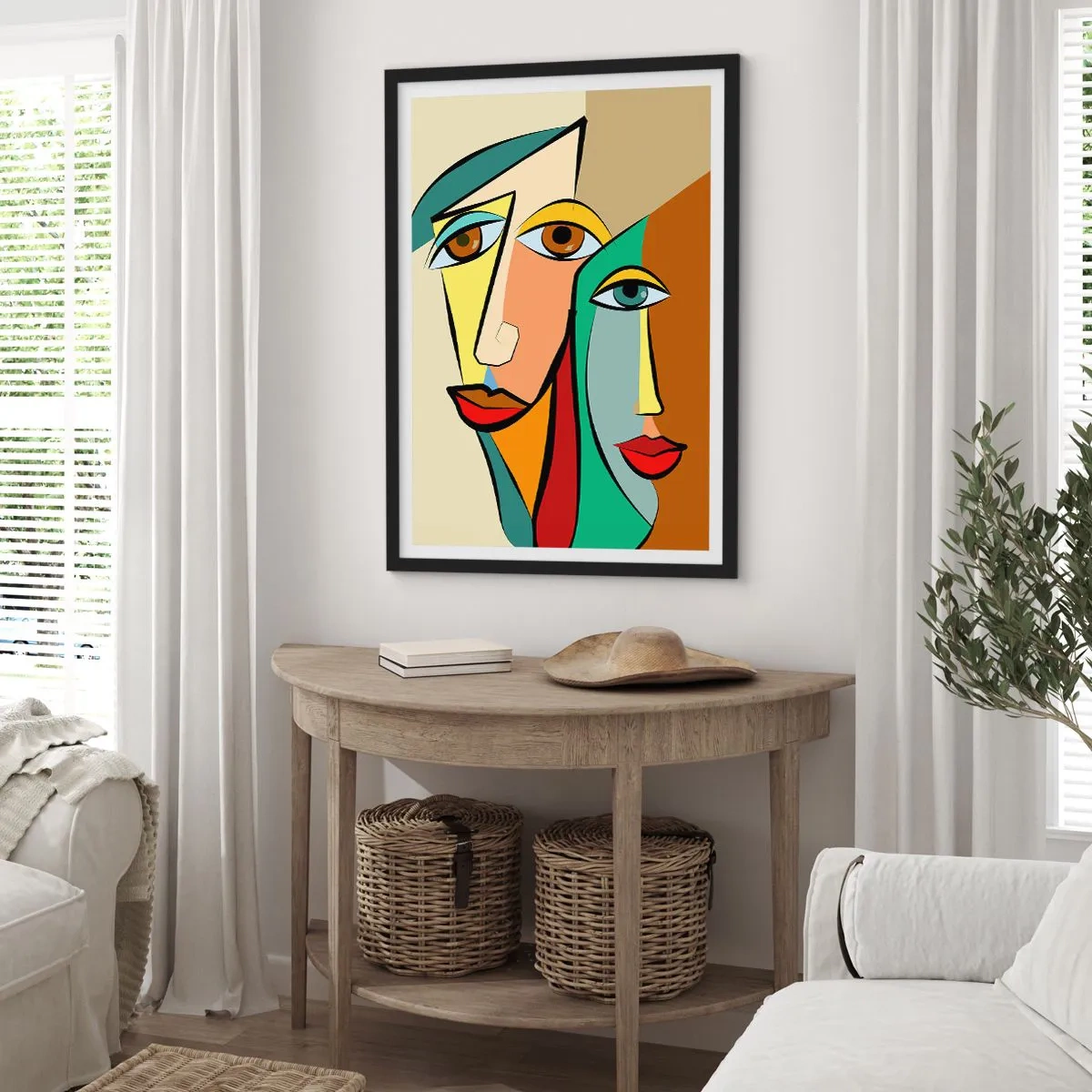 Pôster com moldura preta - Rostos abstratos em estilo cubista em cores quentes - 50x70cm - Casal cubista - Decoração de parede moderna para a sala de estar e quarto ARTTOR