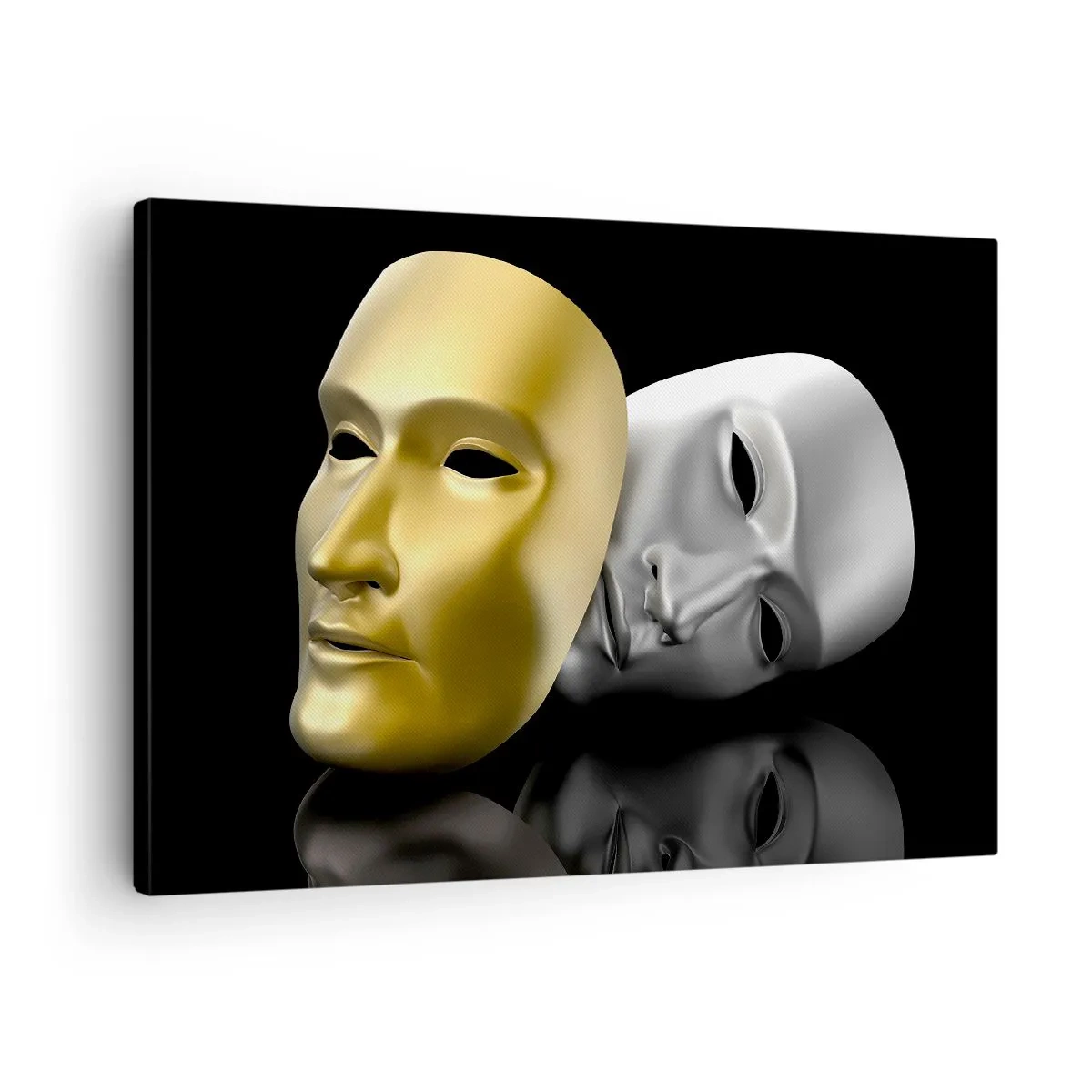 Quadro em tela - Máscara de ouro e prata em fundo preto - 70x50cm - A vida é um teatro - Decoração de parede moderna para a sala de estar e quarto ARTTOR