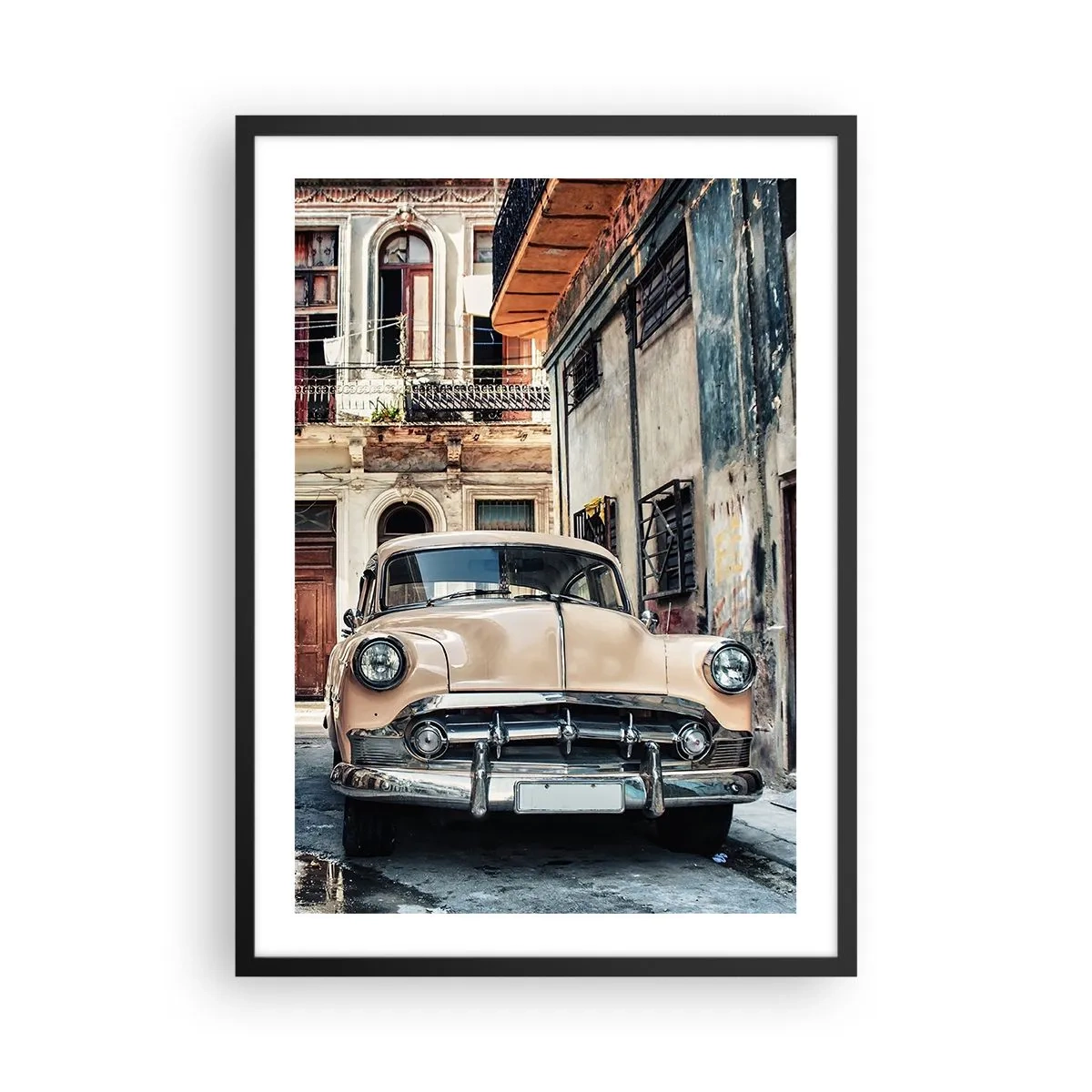 Pôster com moldura preta - Um carro clássico em um ambiente urbano retrô - 50x70cm - Siesta em Havana - Decoração de parede moderna para a sala de estar e quarto ARTTOR