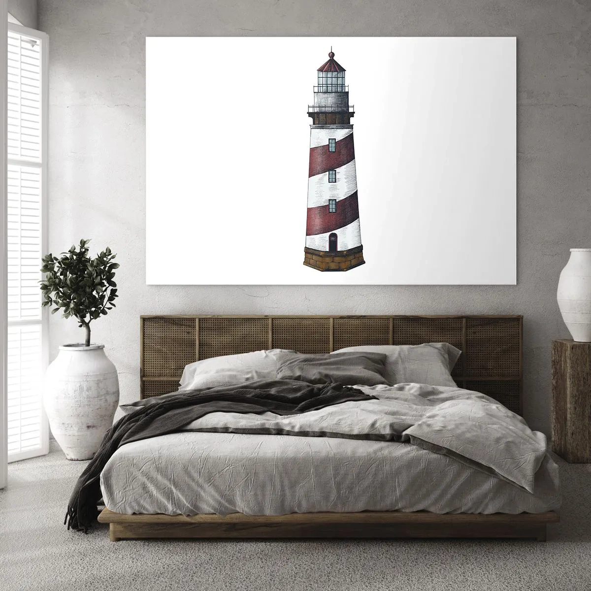 Quadro em vidro - Farol vermelho e branco sobre fundo branco - 70x50cm - Sempre em guarda - Decoração de parede moderna para a sala de estar e quarto ARTTOR