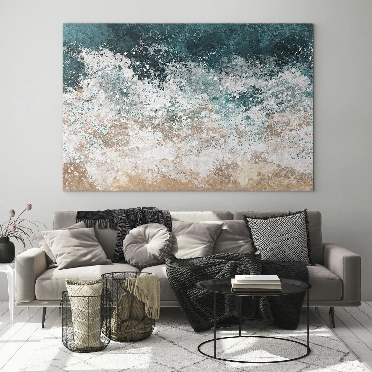 Quadro em vidro - Onda abstrata do mar em tons de turquesa, branco e bege areia - 70x50cm - Histórias do mar - Decoração de parede moderna para a sala de estar e quarto ARTTOR