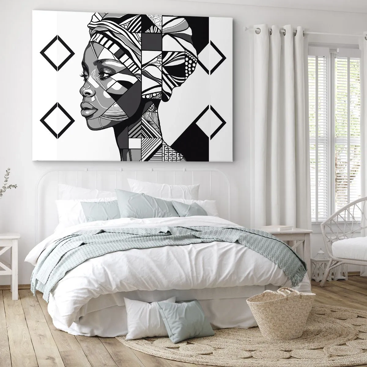 Quadro em tela - Retrato em preto e branco de uma mulher em estilo étnico - 70x50cm - Retrato étnico - Decoração de parede moderna para a sala de estar e quarto ARTTOR