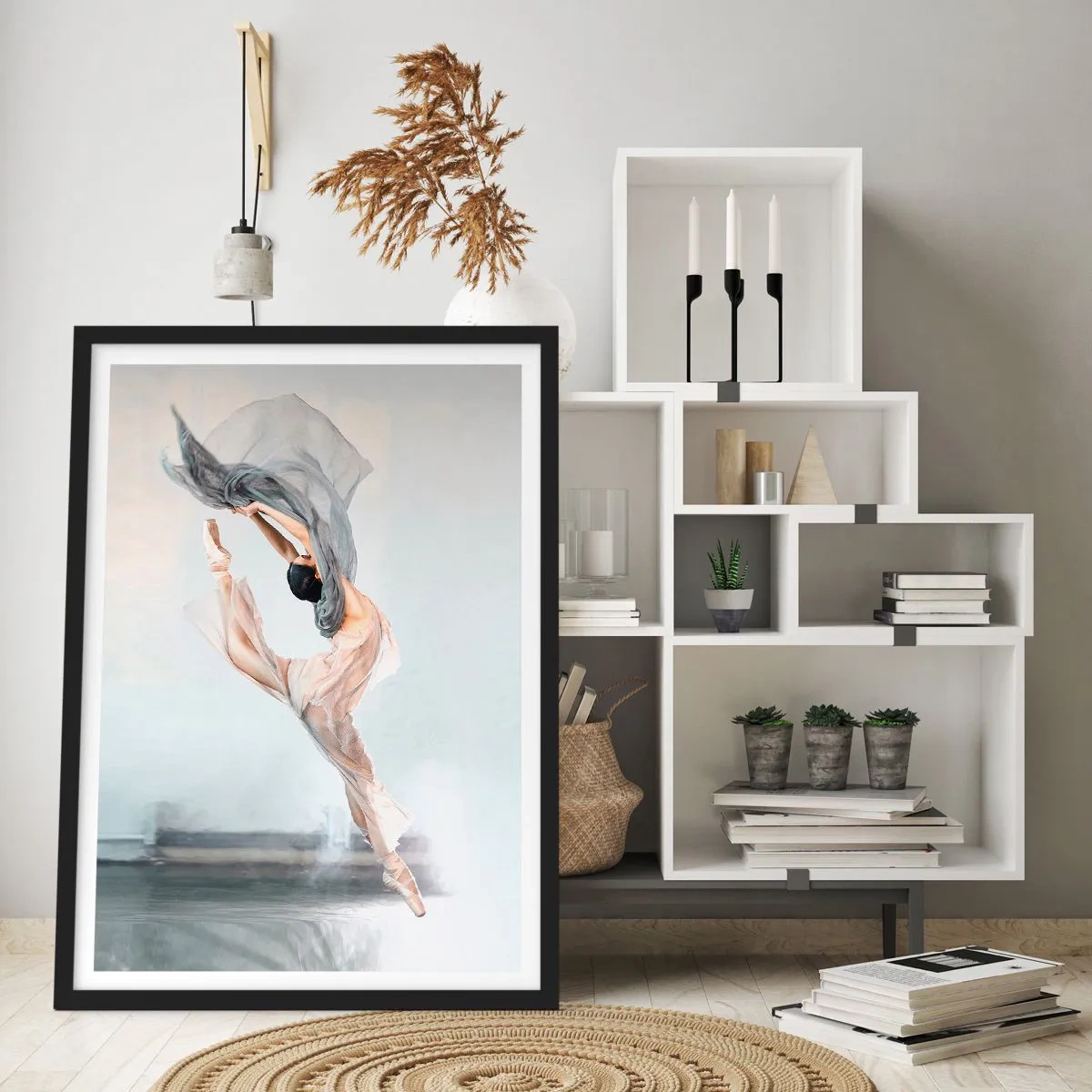 Pôster com moldura preta - Uma bailarina dançando com um xale delicado contra um fundo claro - 50x70cm - Na exultação da dança - Decoração de parede moderna para a sala de estar e quarto ARTTOR