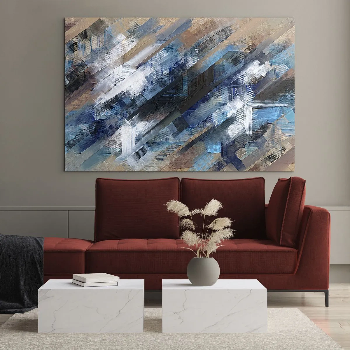 Quadro em vidro - Listras diagonais abstratas em tons de azul, branco e bege - 70x50cm - Numa diagonal azul - Decoração de parede moderna para a sala de estar e quarto ARTTOR