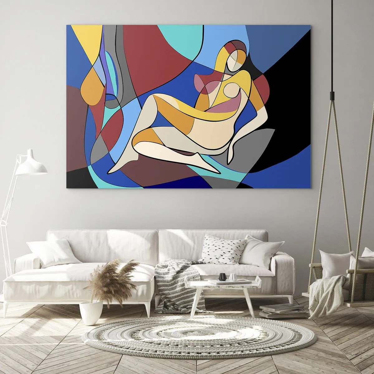 Quadro em vidro - Mulher cubista em uma composição abstrata - 70x50cm - Acto cubista - Decoração de parede moderna para a sala de estar e quarto ARTTOR