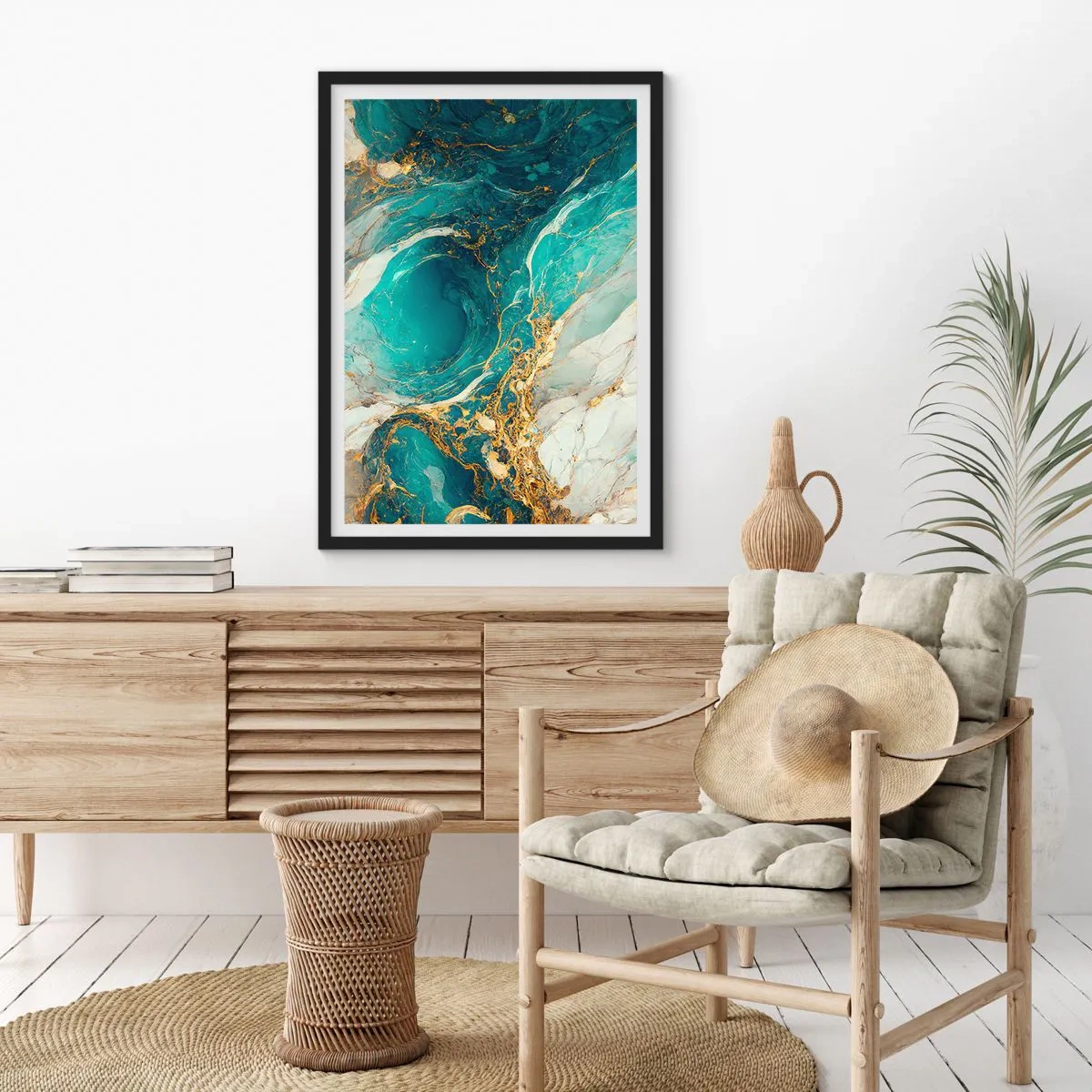 Pôster com moldura preta - Abstração turquesa com detalhes dourados - 50x70cm - Composição com veios d'ouro - Decoração de parede moderna para a sala de estar e quarto ARTTOR