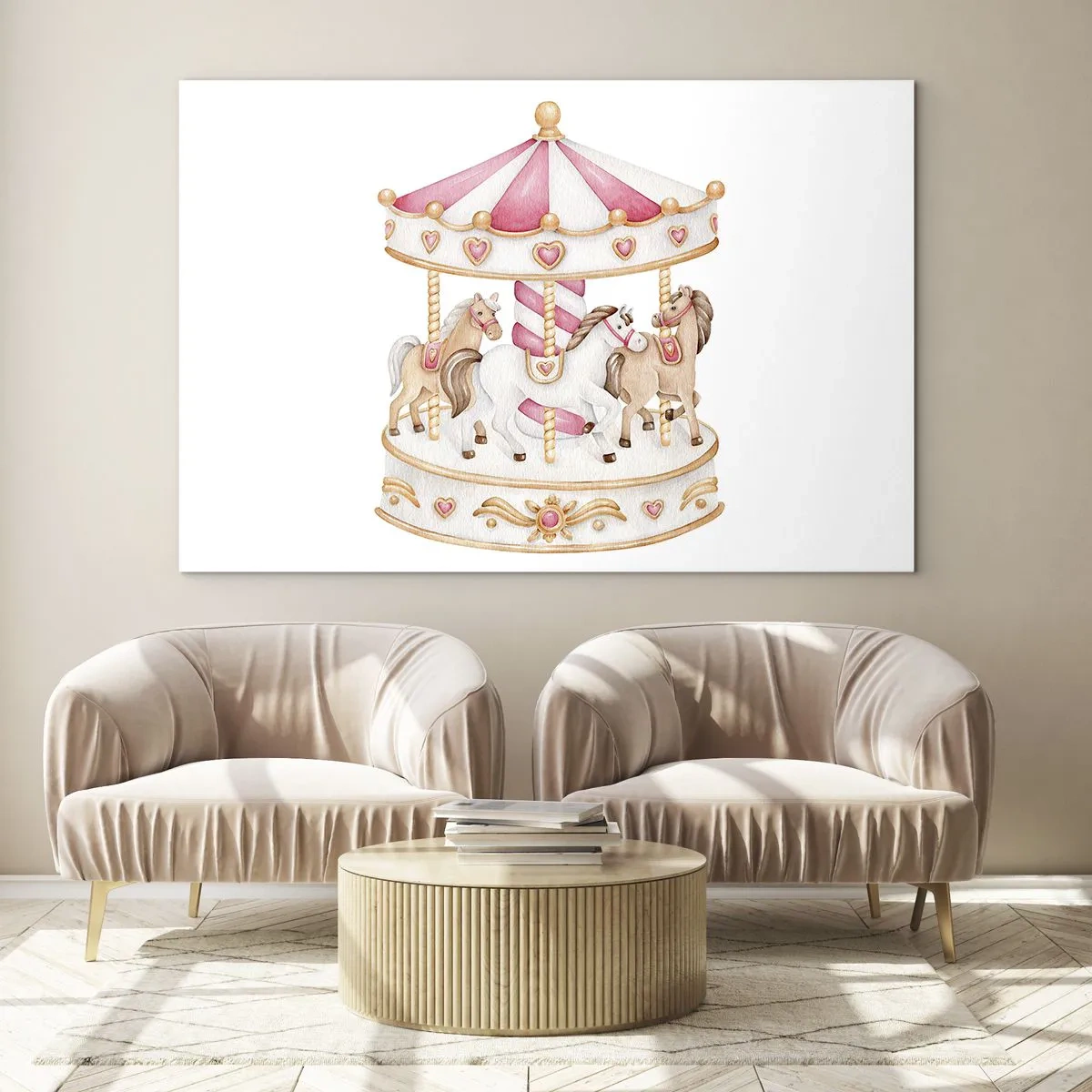 Quadro em vidro - Um carrossel rosa com cavalos de estilo infantil em um fundo branco - 70x50cm - O doce mundo da infância - Decoração de parede moderna para a sala de estar e quarto ARTTOR
