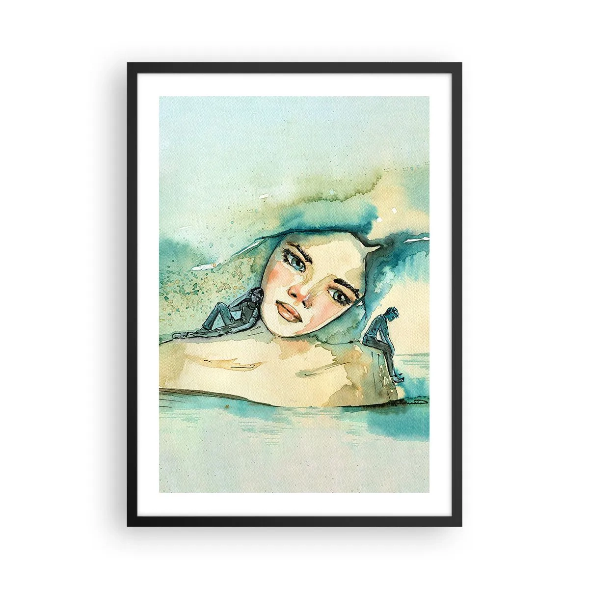 Pôster com moldura preta - Retrato de uma mulher em estilo artístico de aquarela - 50x70cm - Am I blue? - Decoração de parede moderna para a sala de estar e quarto ARTTOR