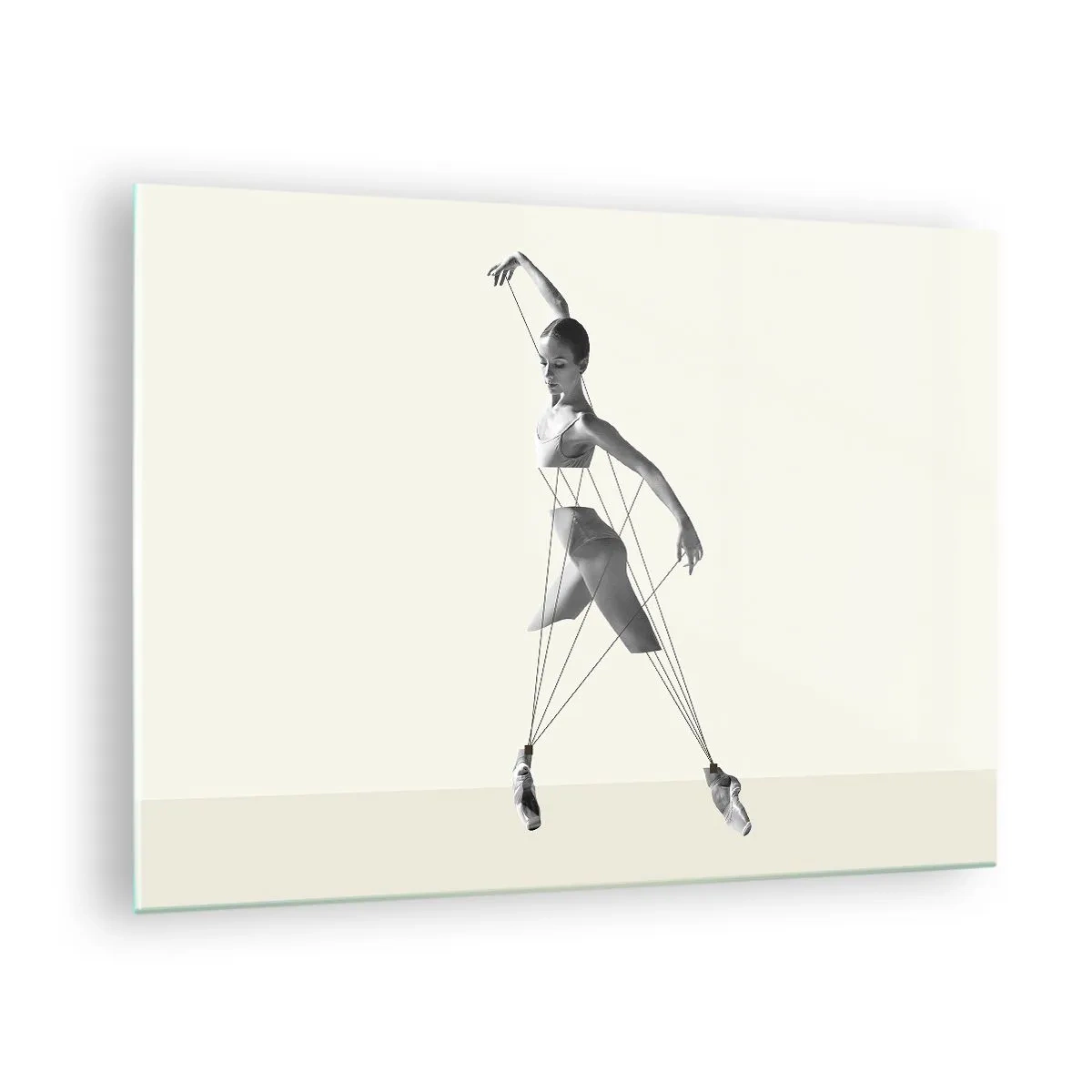 Quadro em vidro - Silhueta preta e branca de uma bailarina com um motivo de linha geométrica - 70x50cm - No teatro do mundo - Decoração de parede moderna para a sala de estar e quarto ARTTOR