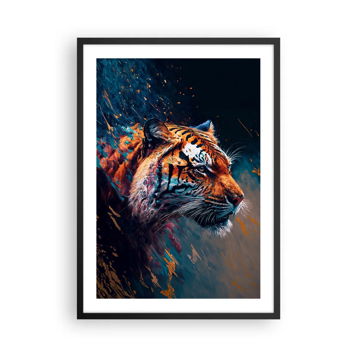 Pôster com moldura preta - Um retrato dinâmico de um tigre em estilo artístico - 50x70cm - Beleza selvagem - Decoração de parede moderna para a sala de estar e quarto ARTTOR