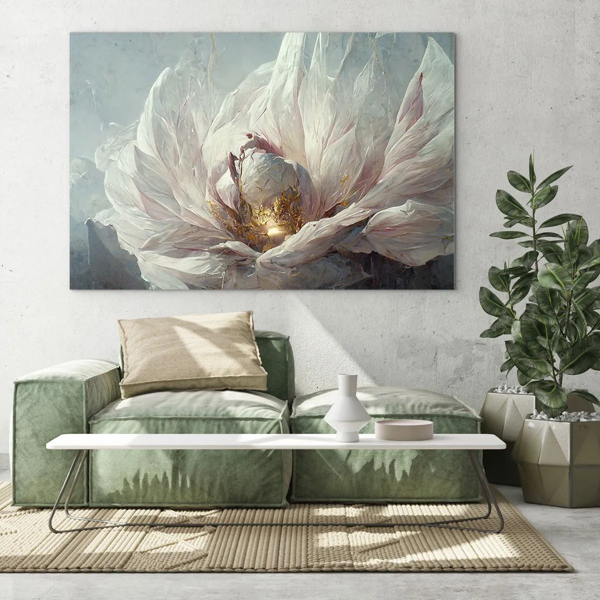 Quadro em vidro - Uma flor desabrochando em delicados tons de cinza e dourado - 70x50cm - Floresce uma vez a cada cem anos - Decoração de parede moderna para a sala de estar e quarto ARTTOR