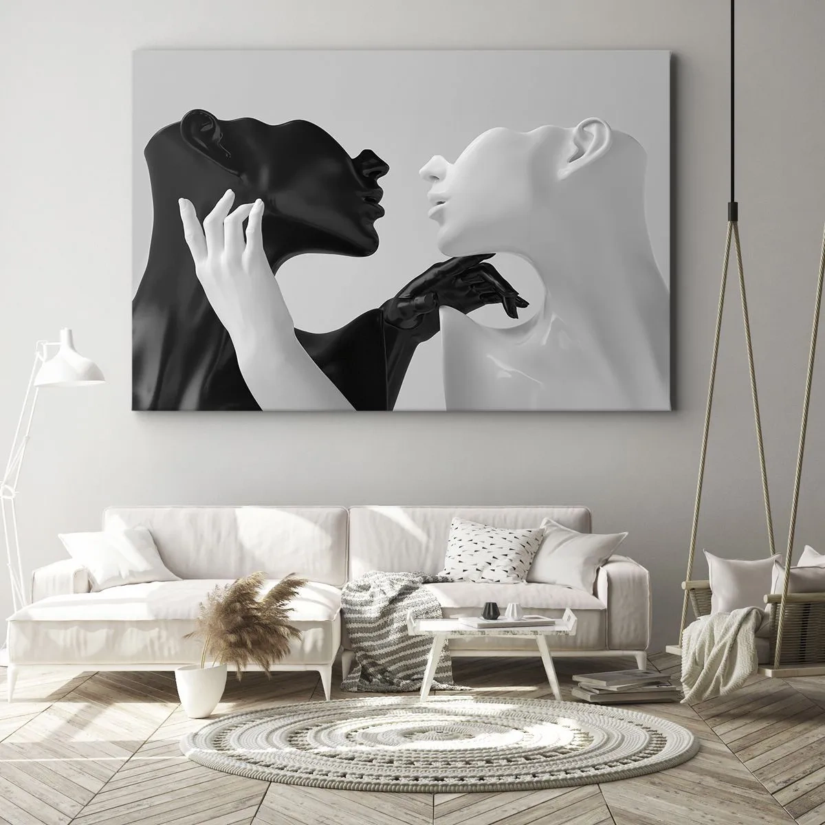 Quadro em tela - Silhuetas em preto e branco em close-up dinâmico - 70x50cm - Atração – desejo - Decoração de parede moderna para a sala de estar e quarto ARTTOR