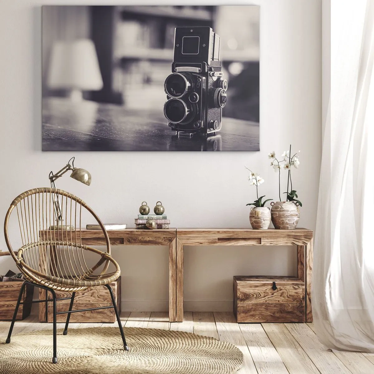 Quadro em tela - Câmera antiga em preto e branco - 70x50cm - A magia da fotografia antiga - Decoração de parede moderna para a sala de estar e quarto ARTTOR