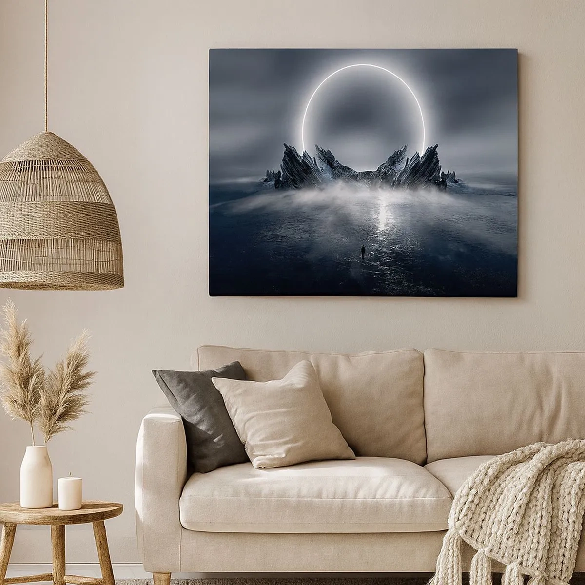 Quadro em tela - Paisagem misteriosa com um anel de luz sobre as montanhas - 70x50cm - O fim da história - Decoração de parede moderna para a sala de estar e quarto ARTTOR