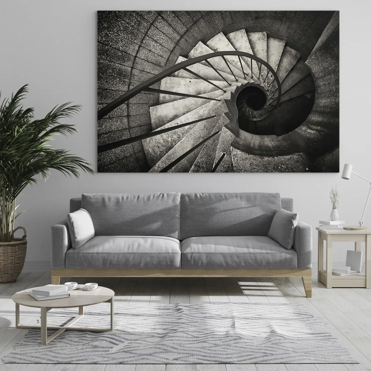 Quadro em vidro - Uma escada em espiral preta e branca vista de um pássaro - 70x50cm - Suba as escadas, desça as escadas - Decoração de parede moderna para a sala de estar e quarto ARTTOR