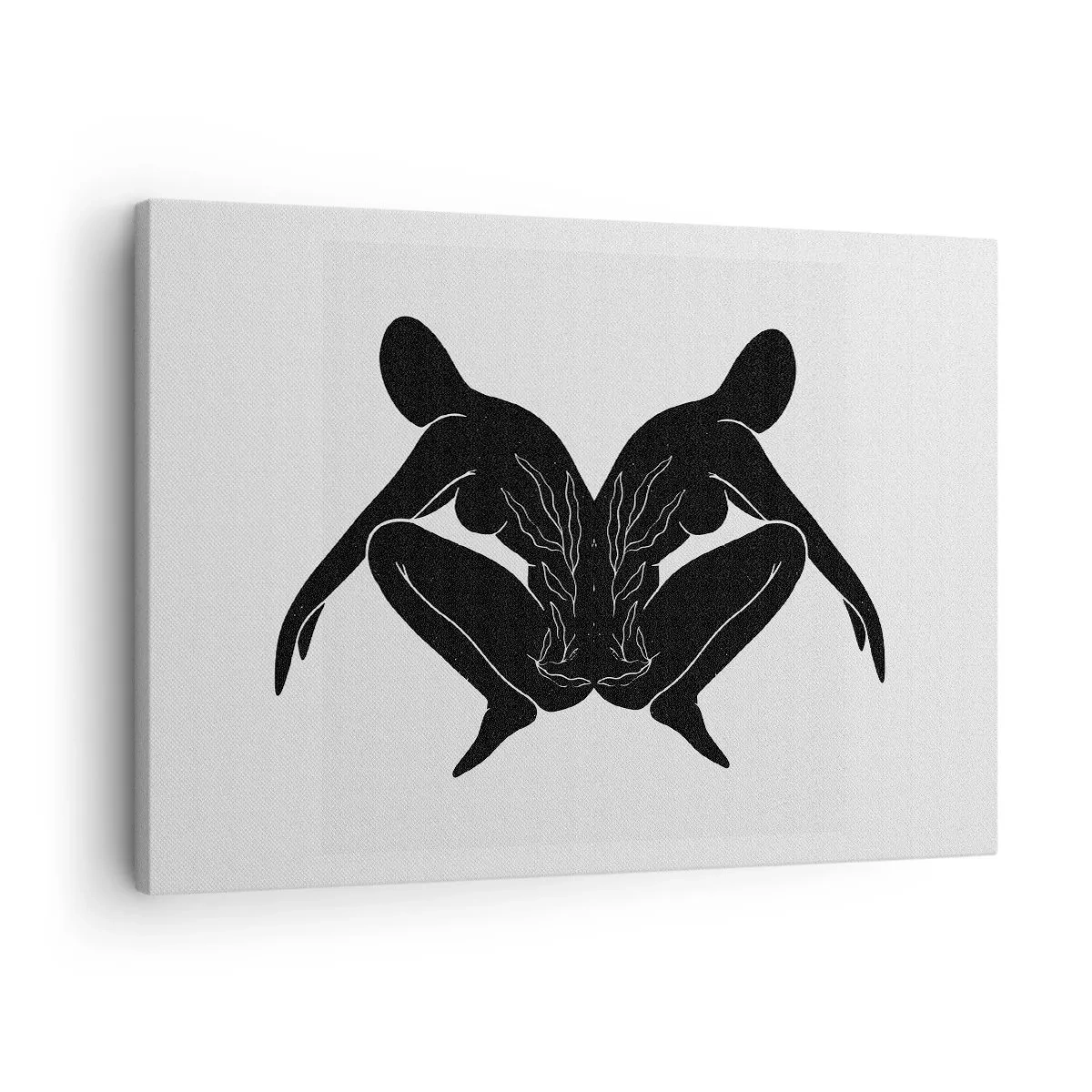 Quadro em tela - Silhuetas pretas em posição simétrica sobre fundo branco - 70x50cm - Uma alma comum - Decoração de parede moderna para a sala de estar e quarto ARTTOR