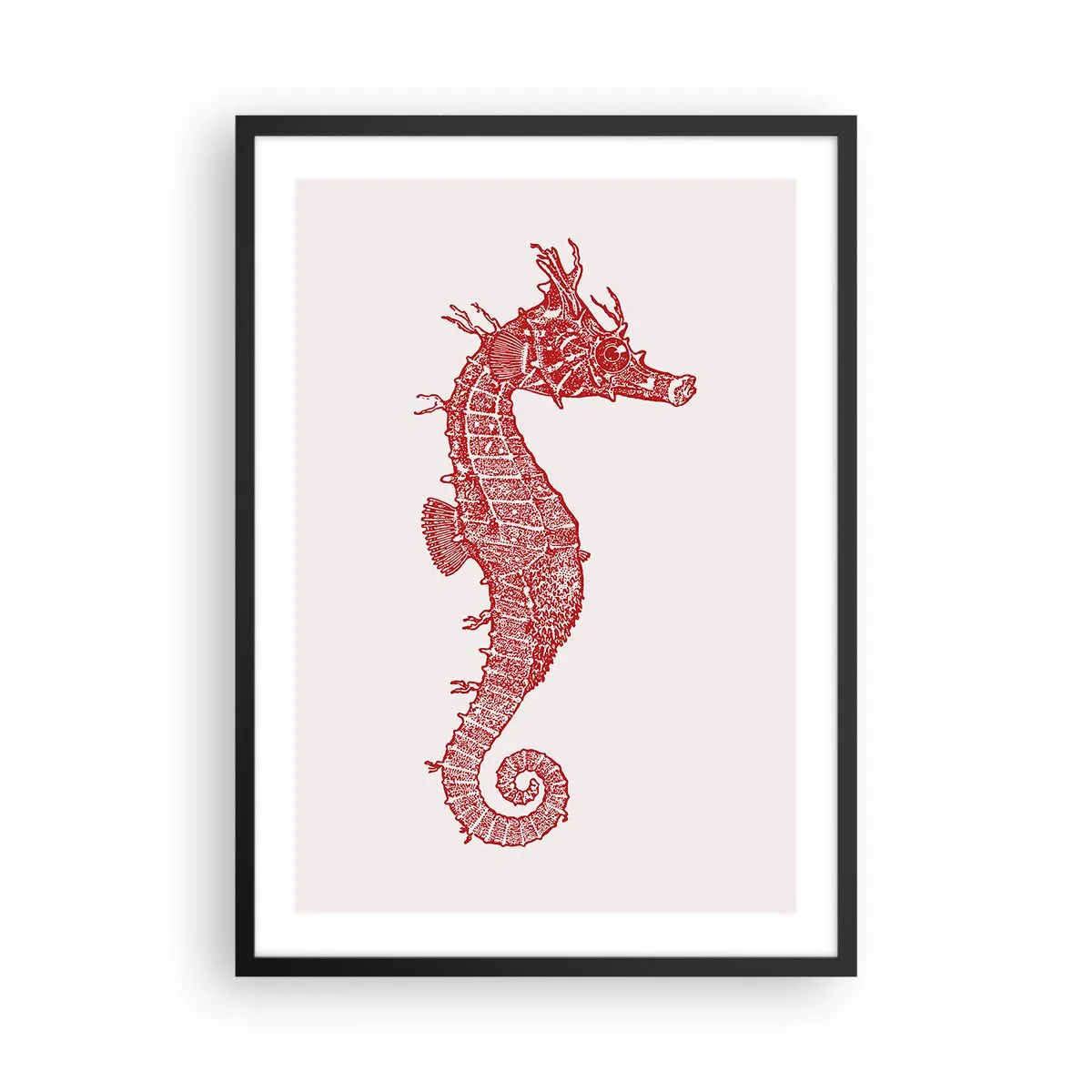 Pôster com moldura preta - Cavalo-marinho steampunk vermelho sobre fundo claro - 50x70cm - Uma criatura complexa - Decoração de parede moderna para a sala de estar e quarto ARTTOR