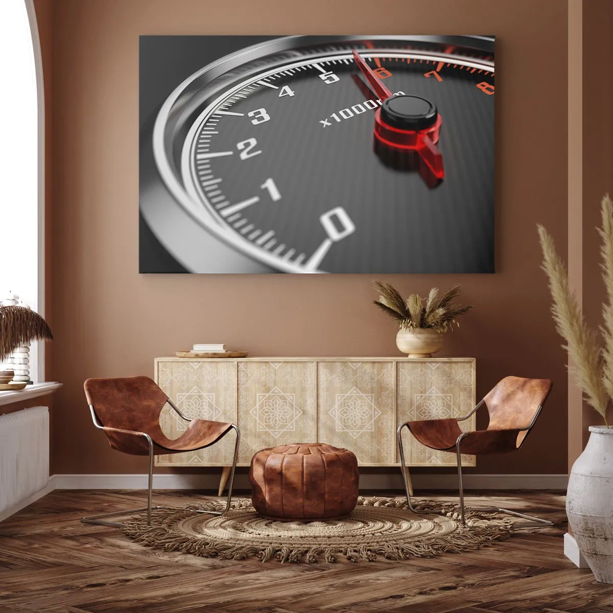 Quadro em tela - Close-up do tacômetro com a agulha vermelha - 70x50cm - Aceleração máxima - Decoração de parede moderna para a sala de estar e quarto ARTTOR