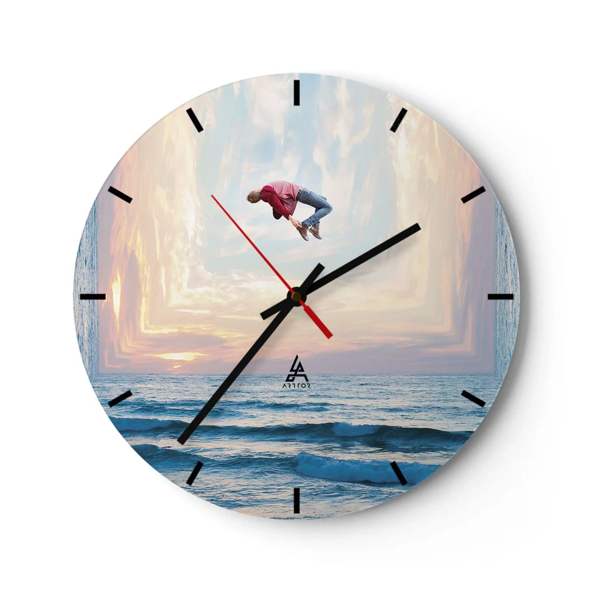 Relógio de parede - Relógio em vidro - Uma figura saltitante à beira-mar em uma paisagem surreal - 30x30cm - Para outra dimensão - Decoração de parede moderna para a sala de estar, cozinha e quarto ARTTOR