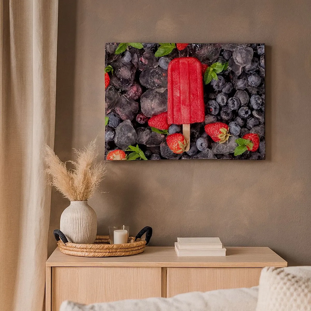 Quadro em tela - Picolé vermelho cercado por frutas e gelo - 70x50cm - O sabor de um verão quente - Decoração de parede moderna para a sala de estar e quarto ARTTOR