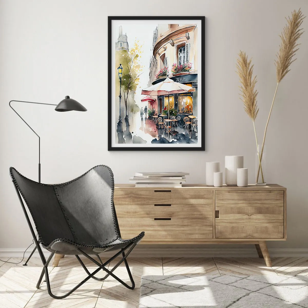 Pôster com moldura preta - Um café em uma rua pitoresca de estilo europeu - 50x70cm - Manhã parisiense - Decoração de parede moderna para a sala de estar e quarto ARTTOR
