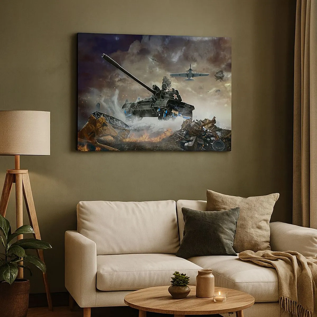 Quadro em tela - Cena de batalha com tanques e aviões ao fundo - 70x50cm - A batalha é terrível e bonita - Decoração de parede moderna para a sala de estar e quarto ARTTOR