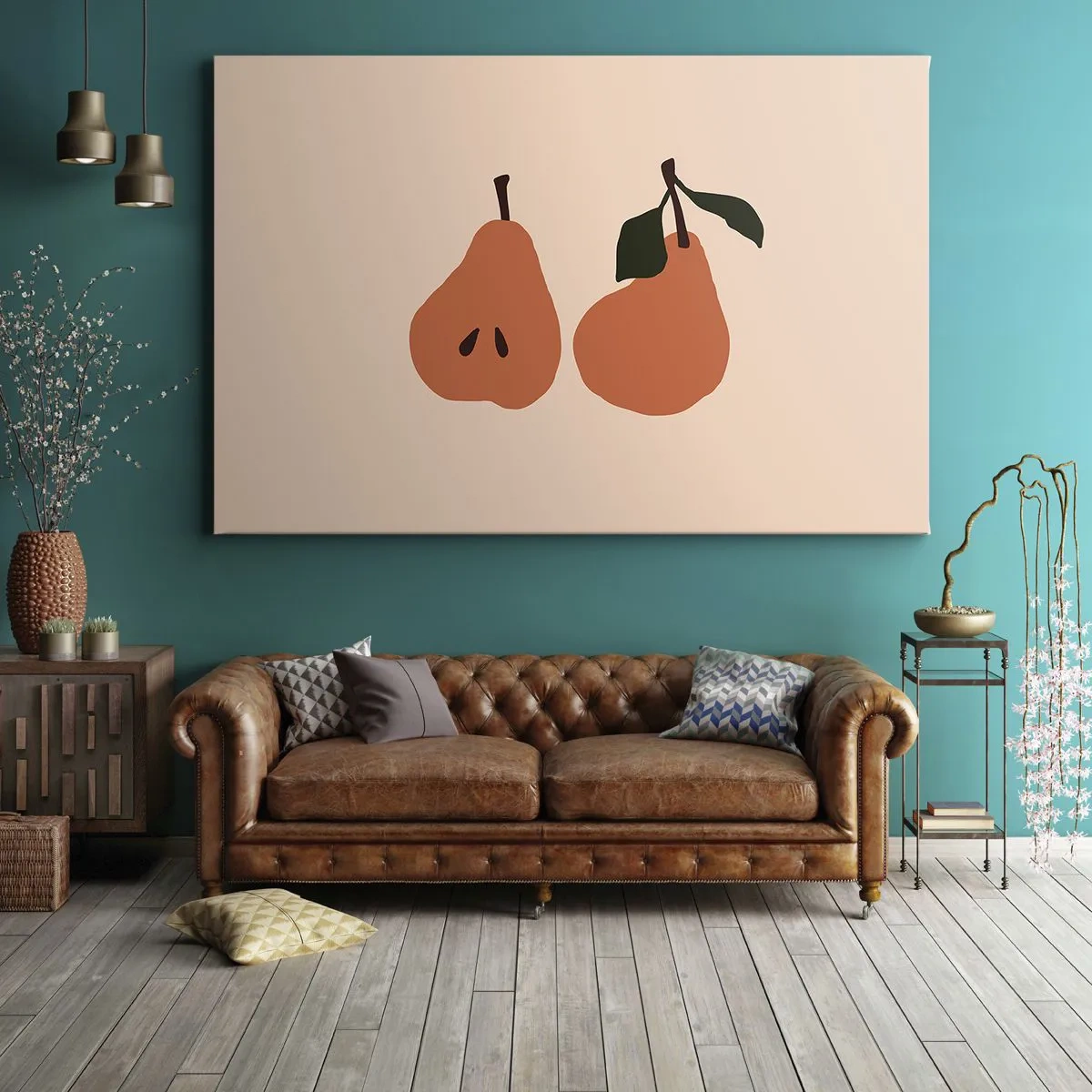 Quadro em tela - Uma ilustração minimalista de duas peras em um fundo bege. - 70x50cm - A própria doçura - Decoração de parede moderna para a sala de estar e quarto ARTTOR