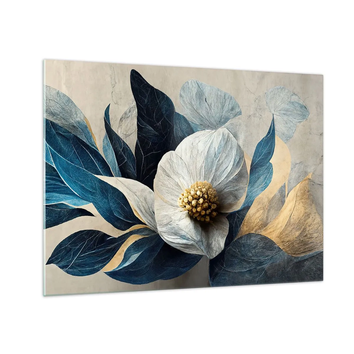 Quadro em vidro - Um arranjo floral branco com folhas azul-marinho e um centro dourado - 70x50cm - Tem um coração de ouro - Decoração de parede moderna para a sala de estar e quarto ARTTOR
