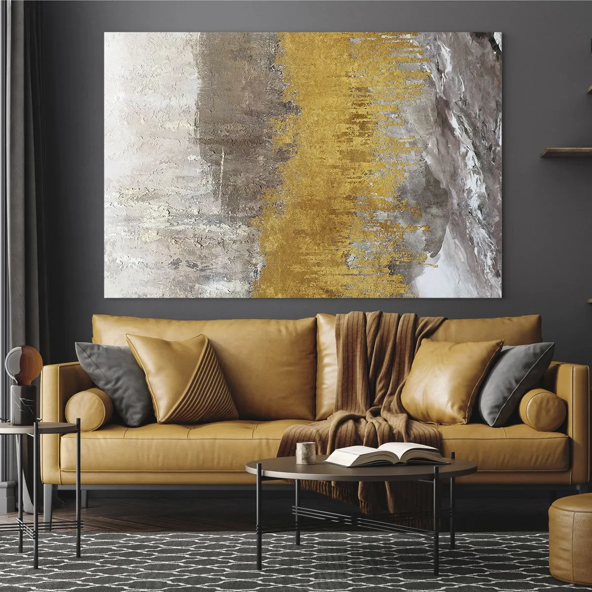 Quadro em vidro - Estruturas douradas e terrosas criam abstração dinâmica - 70x50cm - Uma explosão dourada - Decoração de parede moderna para a sala de estar e quarto ARTTOR