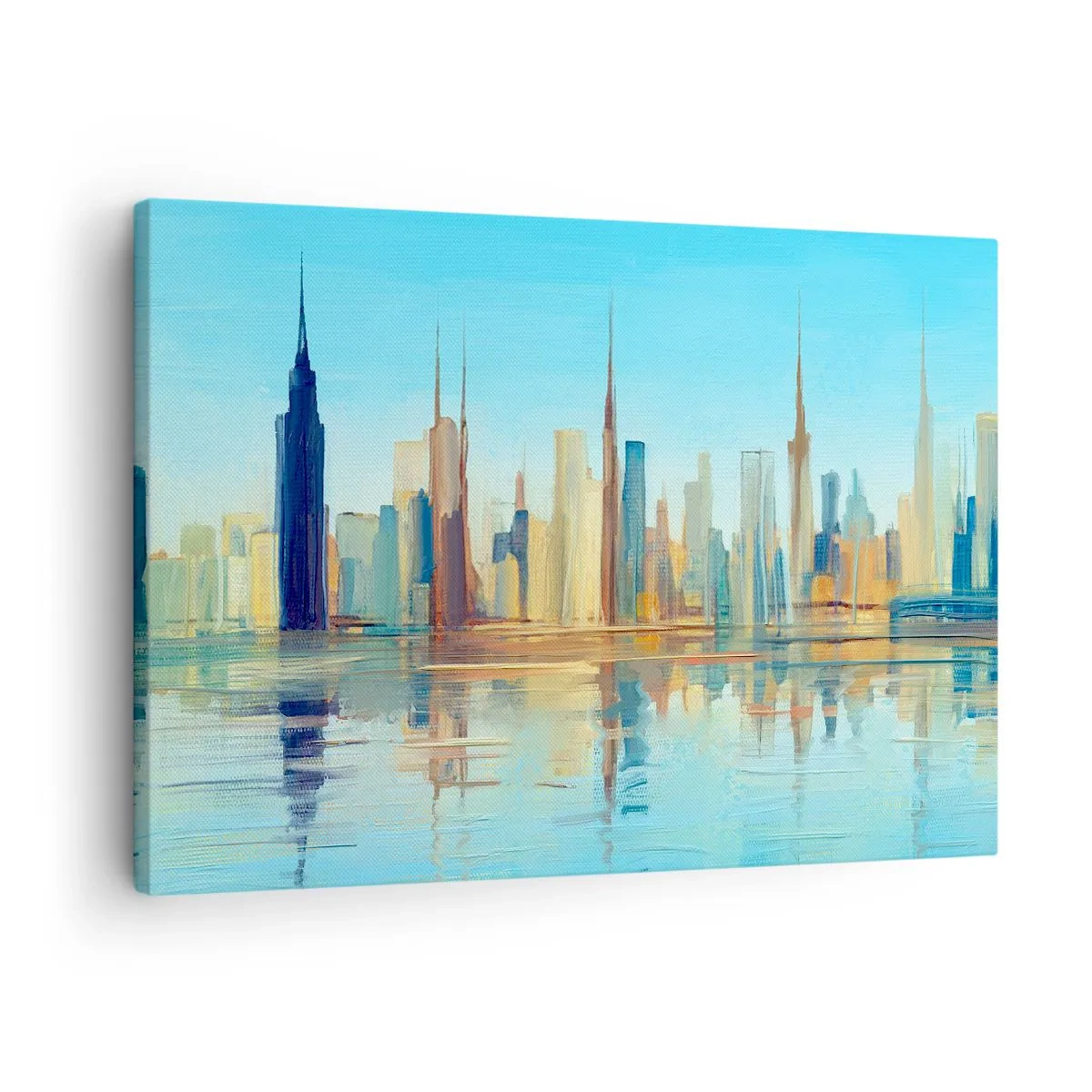 Quadro em tela - Um panorama da cidade em cores quentes com reflexo na água - 70x50cm - Uma metrópole ensolarada - Decoração de parede moderna para a sala de estar e quarto ARTTOR