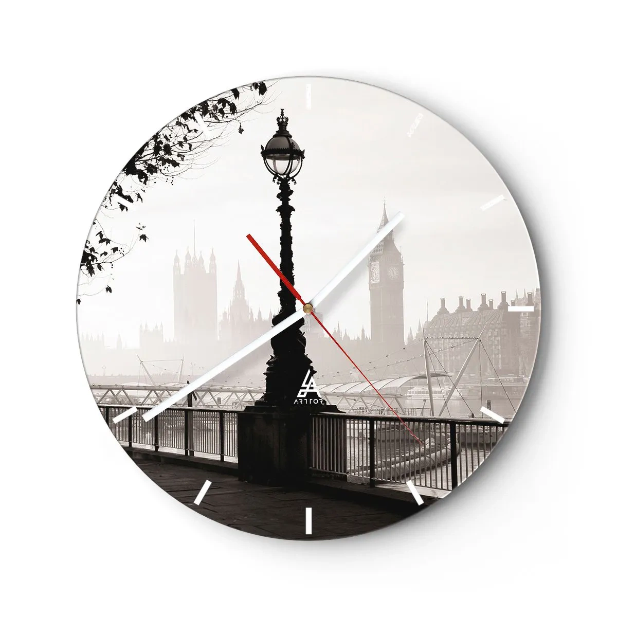 Relógio de parede - Relógio em vidro - Um farol no Tâmisa com o horizonte de Londres ao fundo - 30x30cm - Manhã Londrina - Decoração de parede moderna para a sala de estar, cozinha e quarto ARTTOR