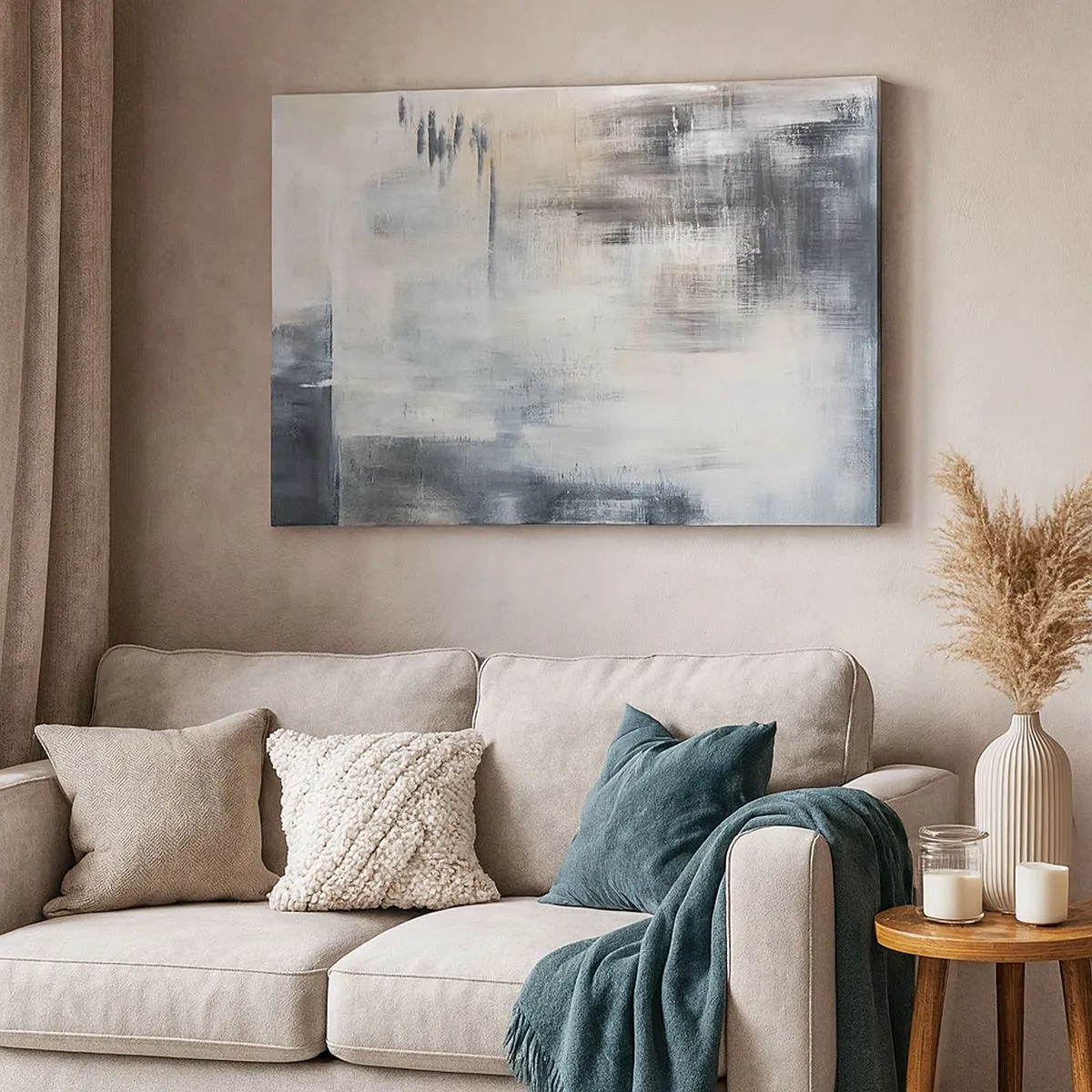 Quadro em tela - Composição abstrata em tons de azul e cinza - 70x50cm - Atrás da cortina azul - Decoração de parede moderna para a sala de estar e quarto ARTTOR